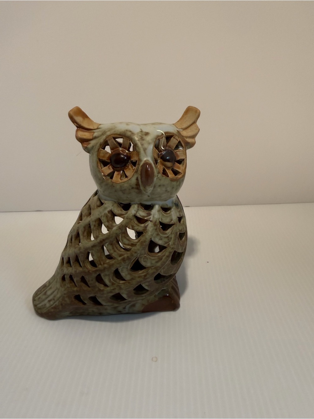 Vintage 1970s Glazed Stoneware Owl Tealight Luminary &‎ Candle Holder